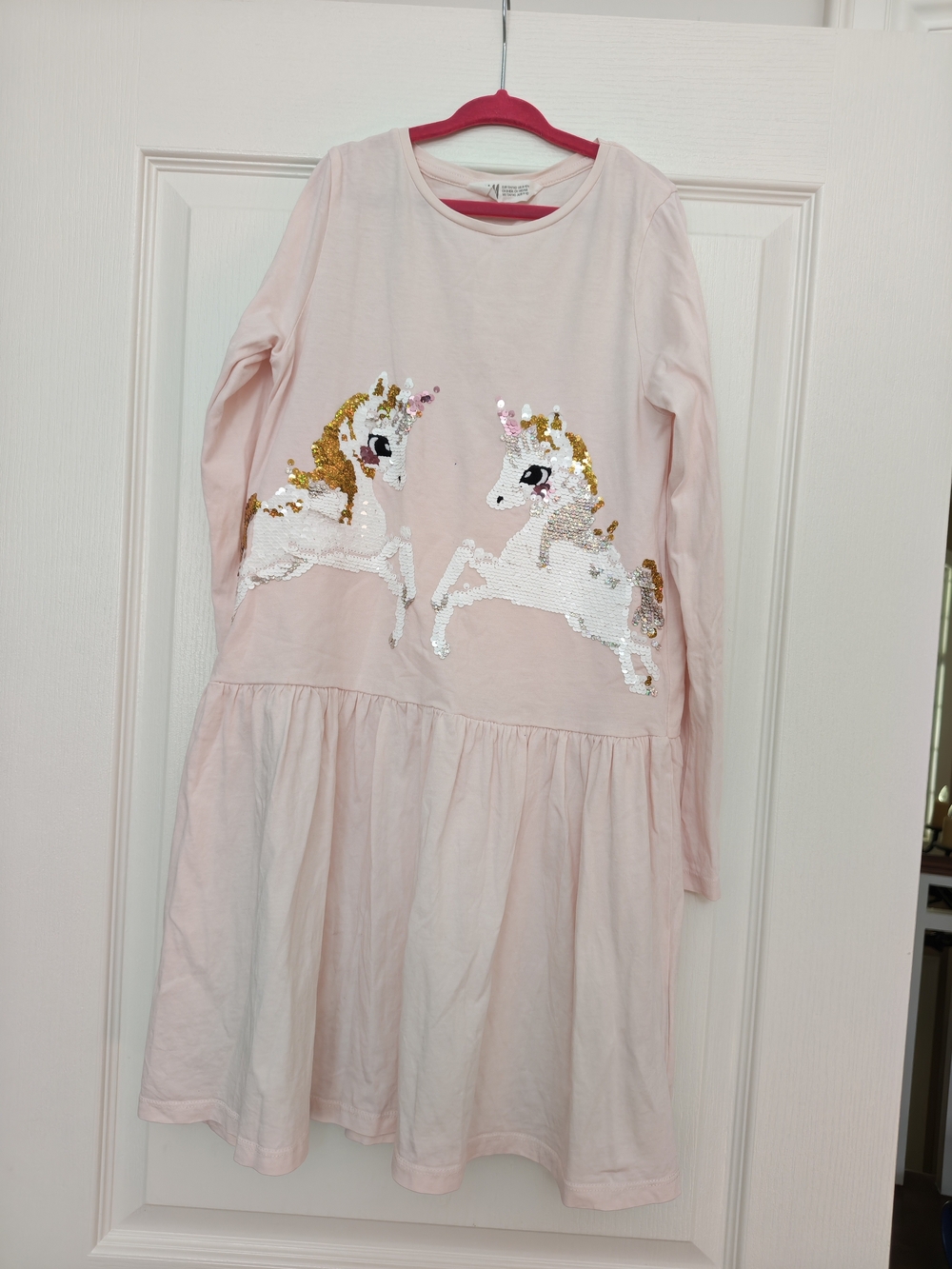 H&M Light Pink Long-Sleeve Sequin Unicorn Dress